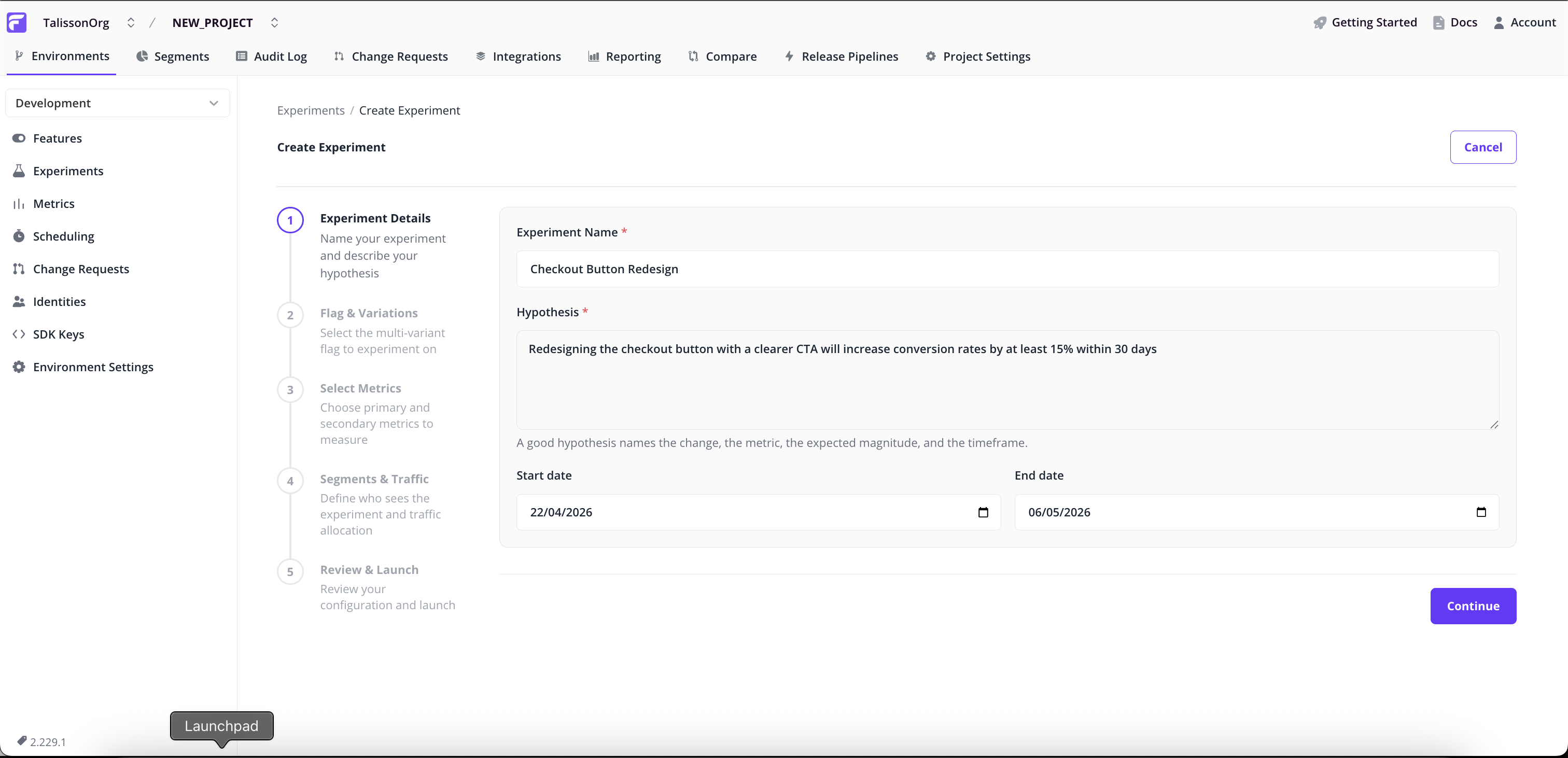 Experiment Details step — name field, hypothesis textarea, start/end date pickers